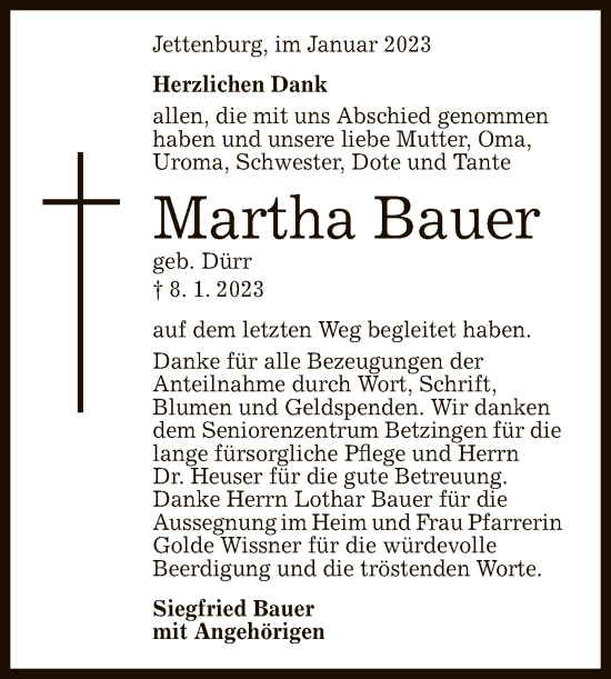 Anzeige von Martha Bauer von Reutlinger General-Anzeiger