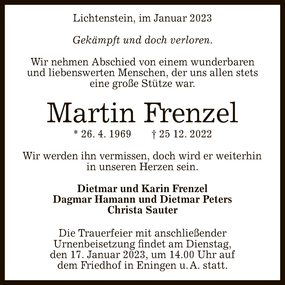  Traueranzeige für Martin Frenzel vom 14.01.2023 aus Reutlinger General-Anzeiger