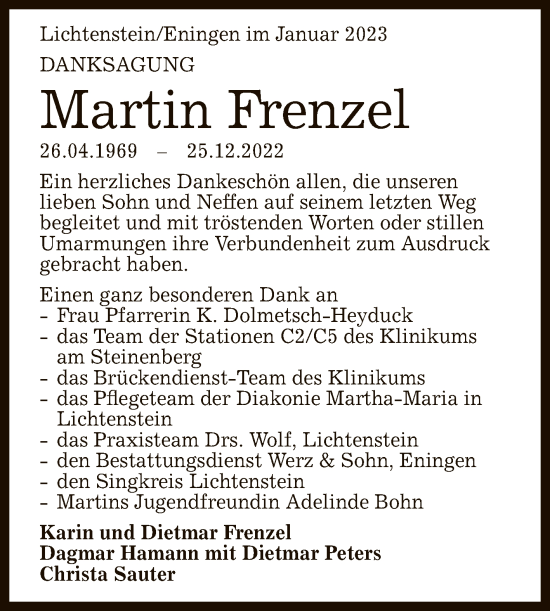 Anzeige von Martin Frenzel von Reutlinger General-Anzeiger