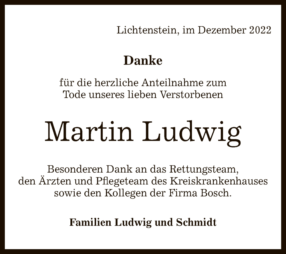  Traueranzeige für Martin Ludwig vom 27.01.2023 aus Reutlinger General-Anzeiger