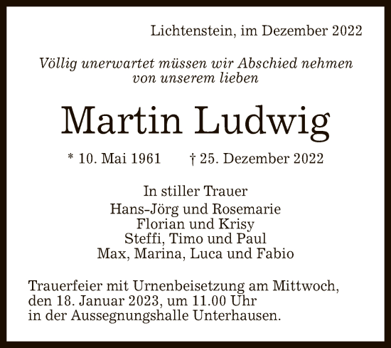 Anzeige von Martin Ludwig von Reutlinger General-Anzeiger