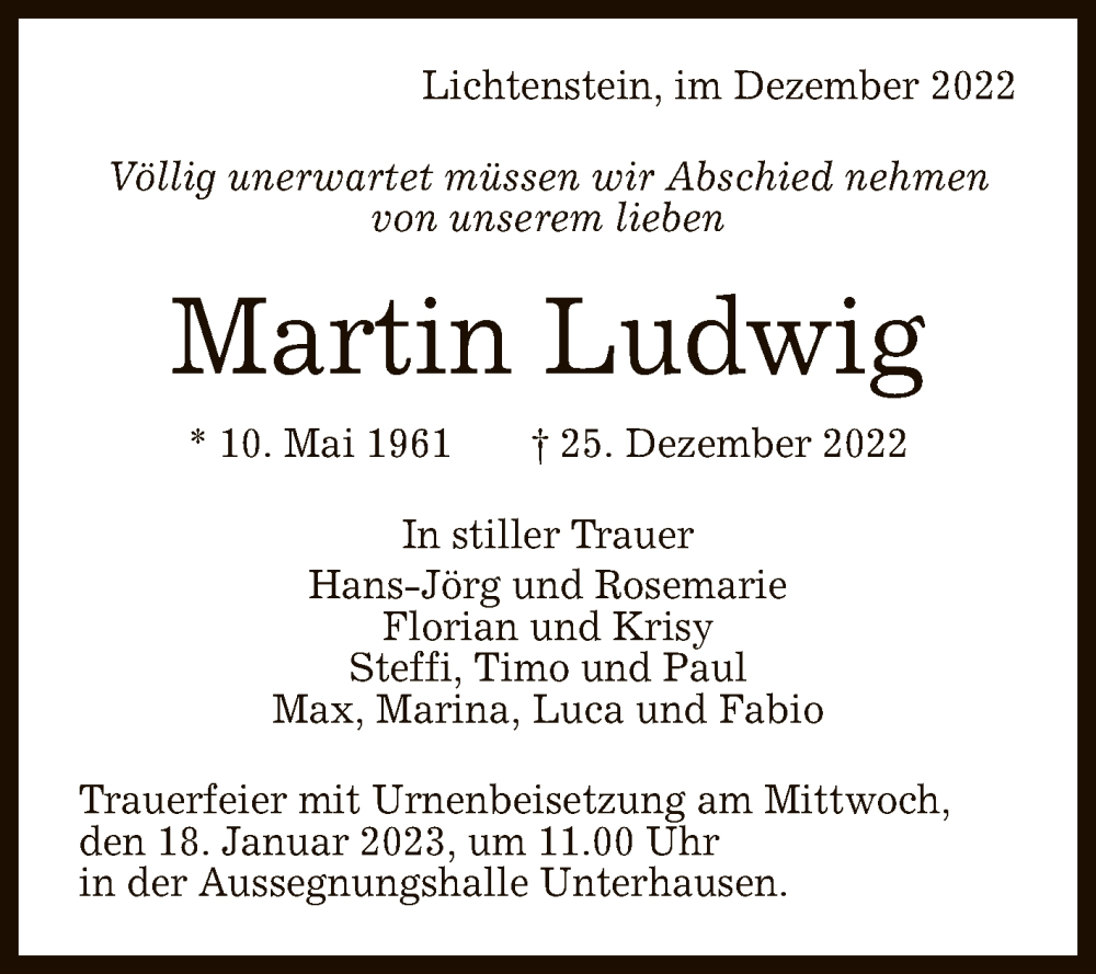  Traueranzeige für Martin Ludwig vom 14.01.2023 aus Reutlinger General-Anzeiger