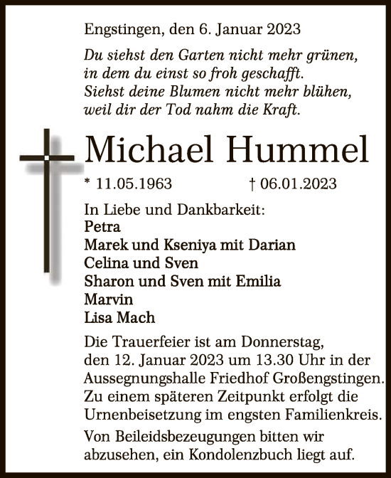 Anzeige von Michael Hummel von Reutlinger General-Anzeiger