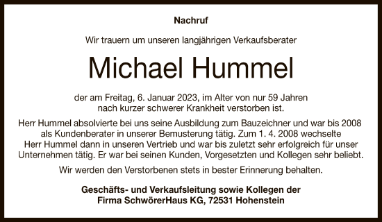 Anzeige von Michael Hummel von Reutlinger General-Anzeiger