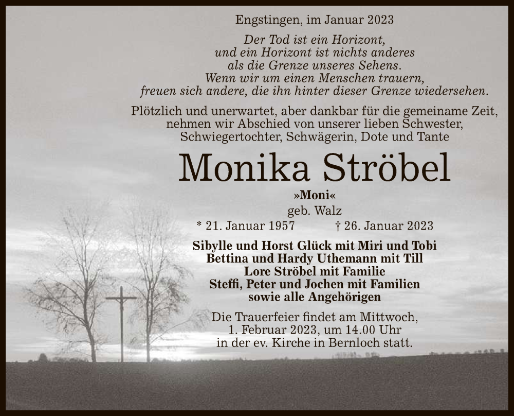  Traueranzeige für Monika Ströbel vom 31.01.2023 aus Reutlinger General-Anzeiger