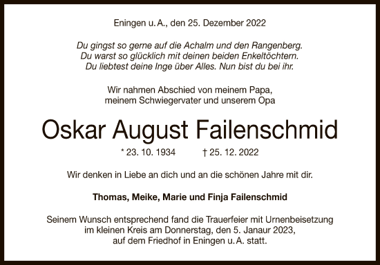 Anzeige von Oskar August Failenschmid von Reutlinger General-Anzeiger