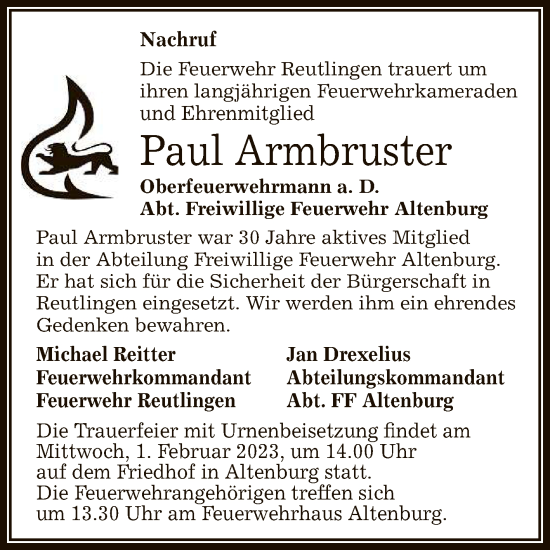 Anzeige von Paul Armbruster von Reutlinger General-Anzeiger