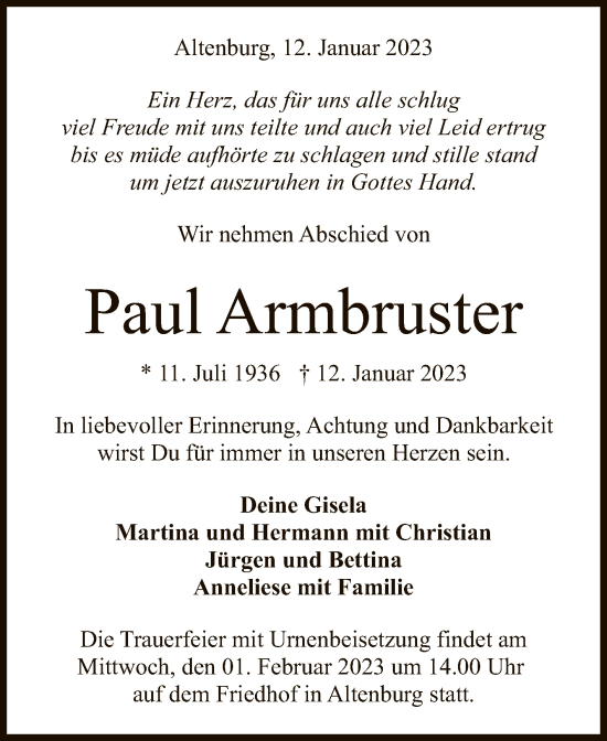 Anzeige von Paul Armbruster von Reutlinger General-Anzeiger