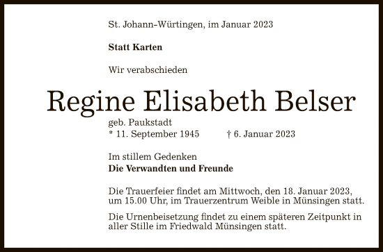 Anzeige von Regine Elisabeth Belser von Reutlinger General-Anzeiger