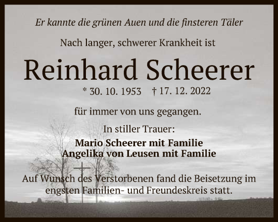 Anzeige von Reinhard Scheerer von Reutlinger General-Anzeiger