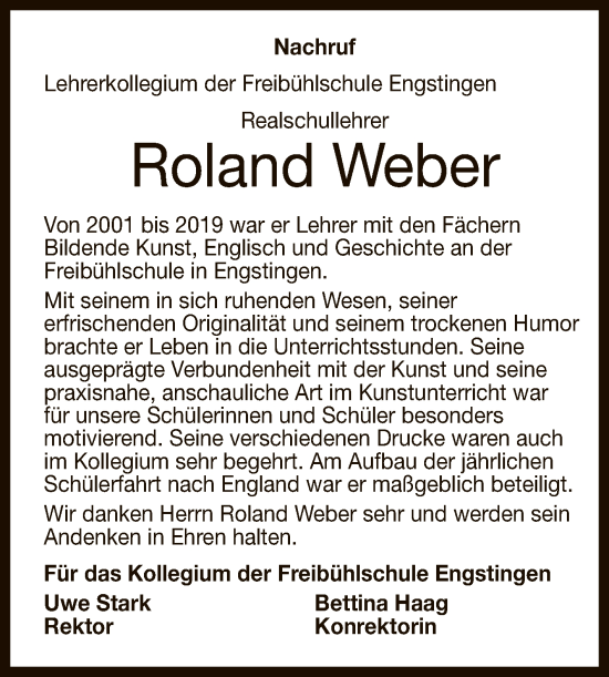 Anzeige von Roland Weber von Reutlinger General-Anzeiger