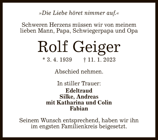 Anzeige von Rolf Geiger von Reutlinger General-Anzeiger
