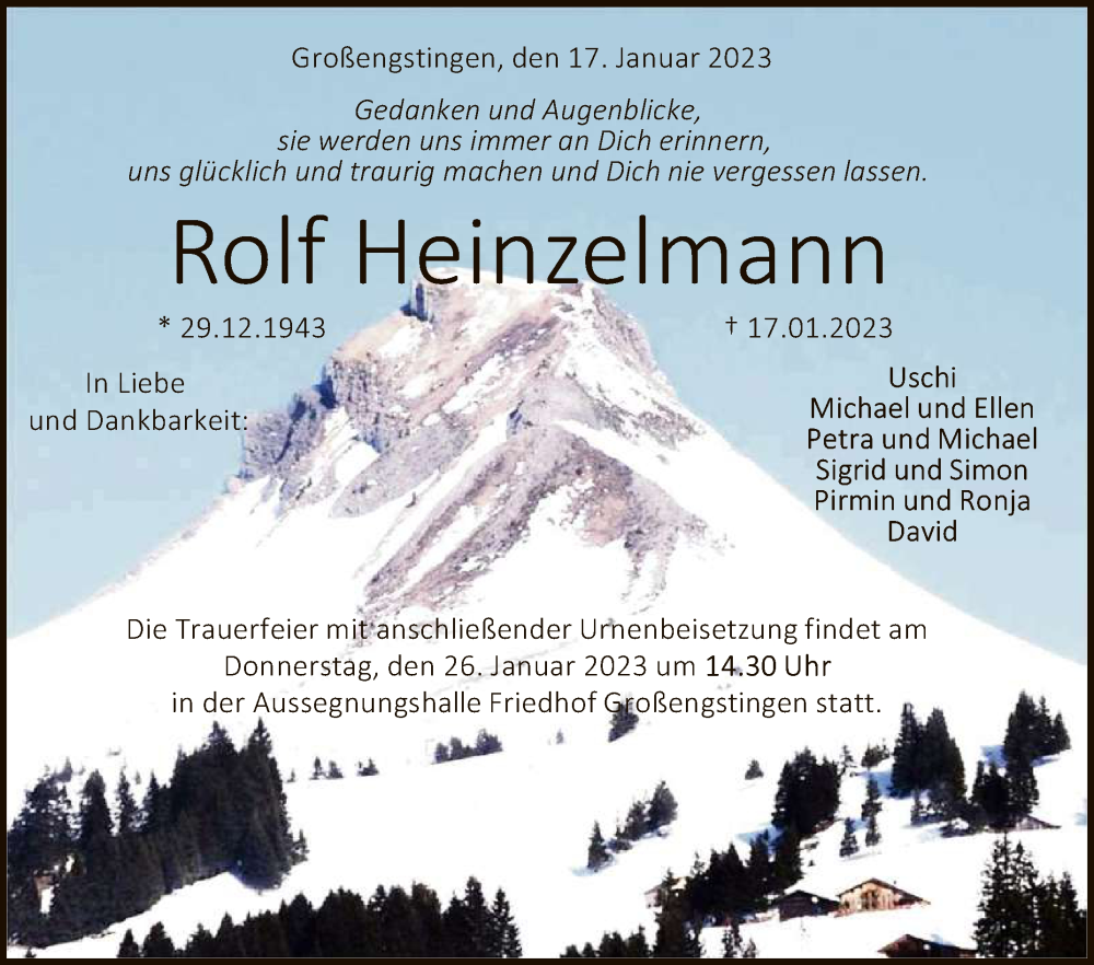  Traueranzeige für Rolf Heinzelmann vom 21.01.2023 aus Reutlinger General-Anzeiger