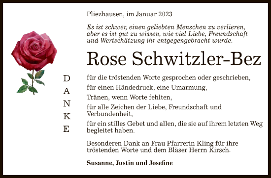 Anzeige von Rose Schwitzler-Bez von Reutlinger General-Anzeiger