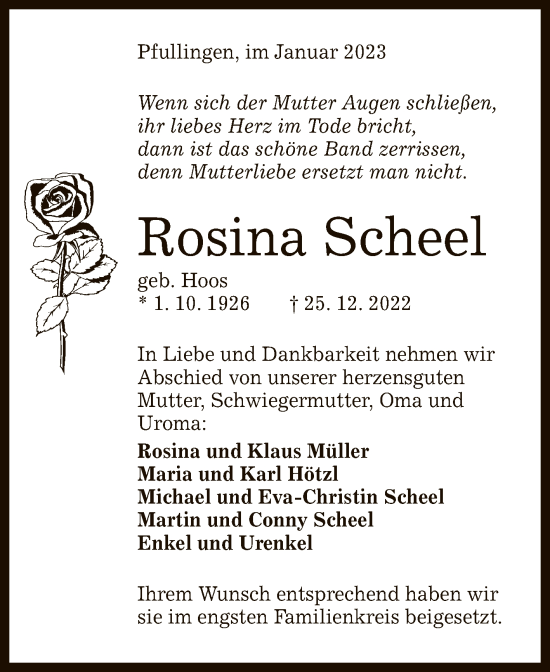 Anzeige von Rosina Scheel von Reutlinger General-Anzeiger