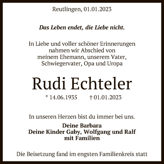 Anzeige von Rudi Echteler von Reutlinger General-Anzeiger