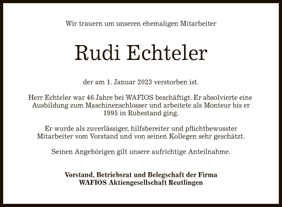 Anzeige von Rudi Echteler von Reutlinger General-Anzeiger