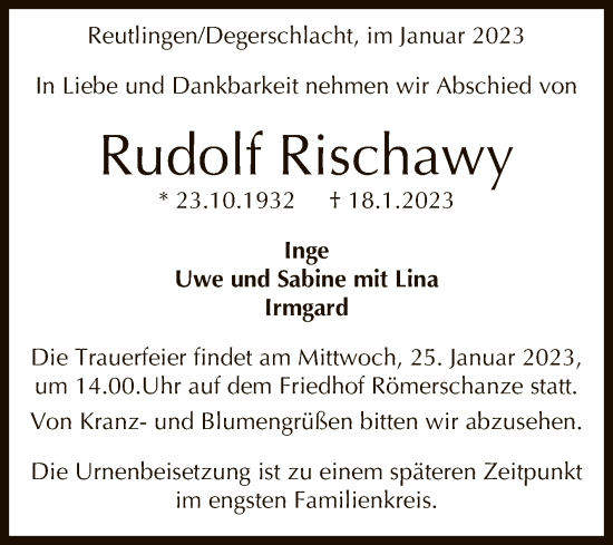 Anzeige von Rudolf Rischawy von Reutlinger General-Anzeiger