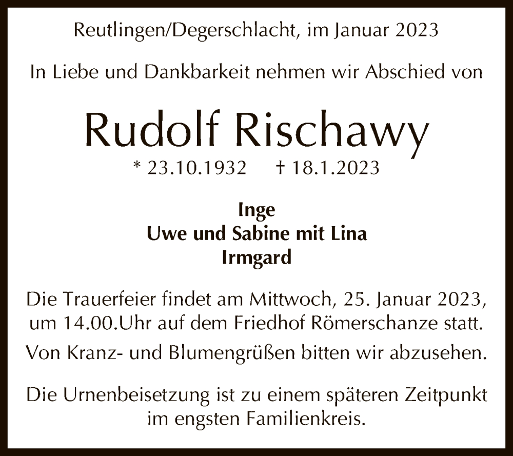 Traueranzeige für Rudolf Rischawy vom 23.01.2023 aus Reutlinger General-Anzeiger