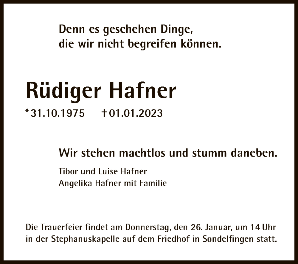  Traueranzeige für Rüdiger Hafner vom 21.01.2023 aus Reutlinger General-Anzeiger