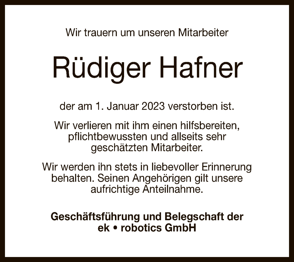  Traueranzeige für Rüdiger Hafner vom 28.01.2023 aus Reutlinger General-Anzeiger