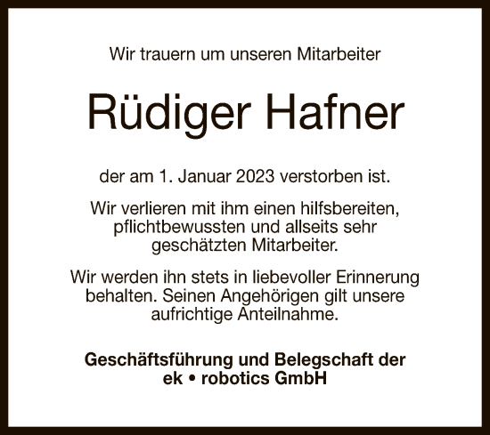 Anzeige von Rüdiger Hafner von Reutlinger General-Anzeiger