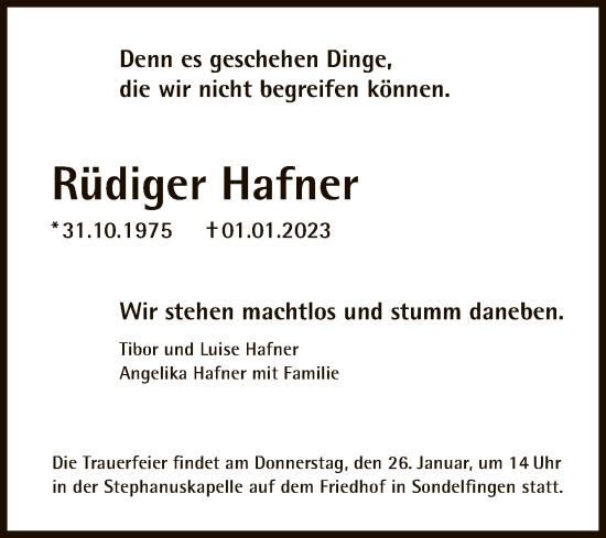 Anzeige von Rüdiger Hafner von Reutlinger General-Anzeiger