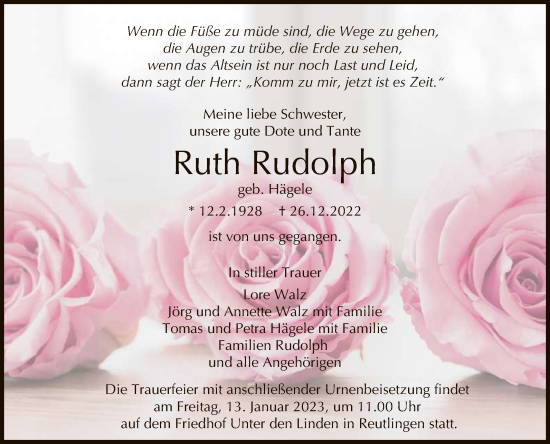 Anzeige von Ruth Rudolph von Reutlinger General-Anzeiger