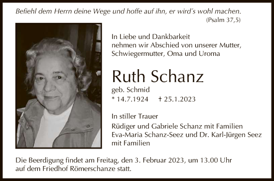 Anzeige von Ruth Schanz von Reutlinger General-Anzeiger