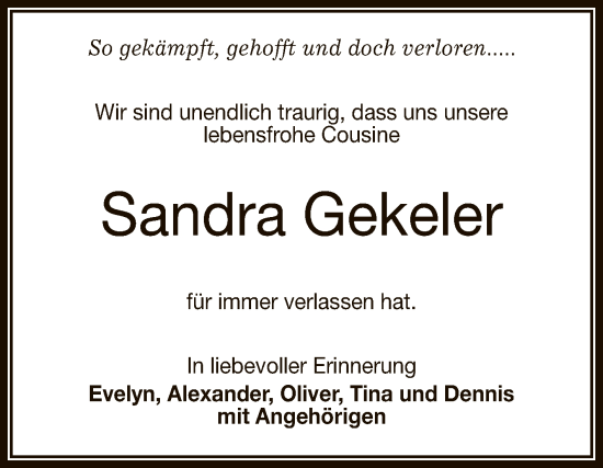 Anzeige von Sandra Gekeler von Reutlinger General-Anzeiger