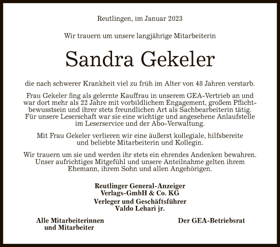 Anzeige von Sandra Gekeler von Reutlinger General-Anzeiger