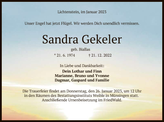 Anzeige von Sandra Gekeler von Reutlinger General-Anzeiger