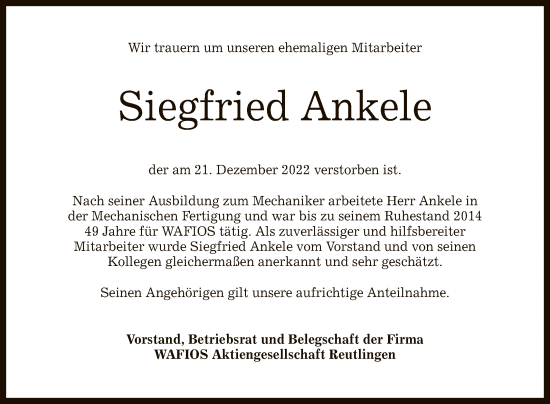 Anzeige von Siegfried Ankele von Reutlinger General-Anzeiger