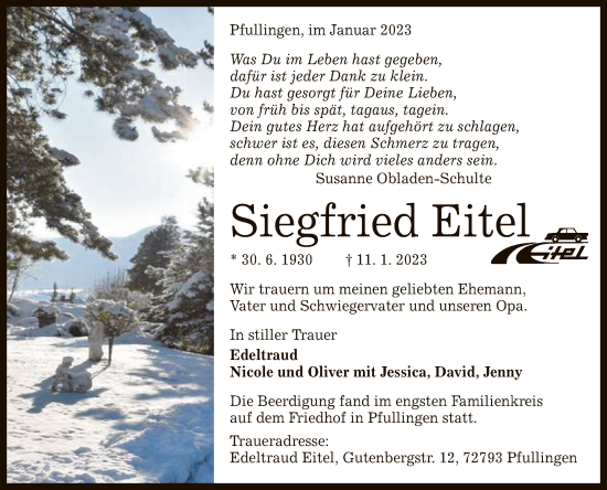 Anzeige von Siegfried Eitel von Reutlinger General-Anzeiger