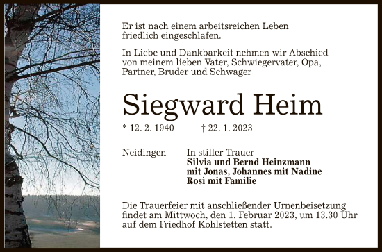 Anzeige von Siegward Heim von Reutlinger General-Anzeiger