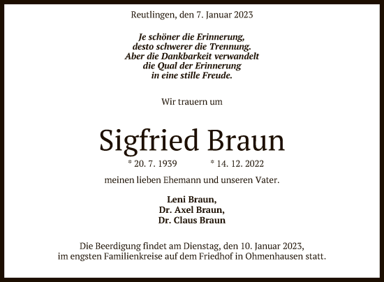 Anzeige von Sigfried Braun von Reutlinger General-Anzeiger