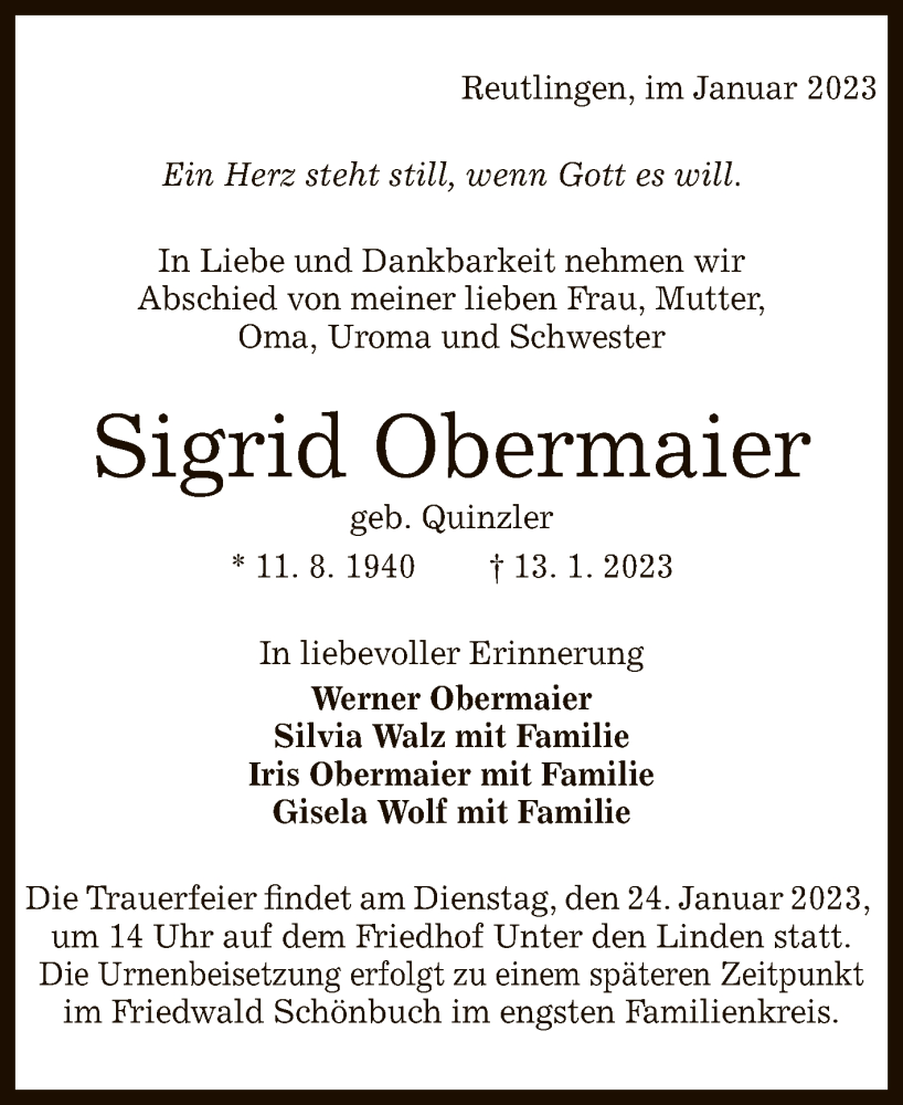  Traueranzeige für Sigrid Obermaier vom 17.01.2023 aus Reutlinger General-Anzeiger