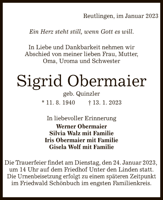 Anzeige von Sigrid Obermaier von Reutlinger General-Anzeiger