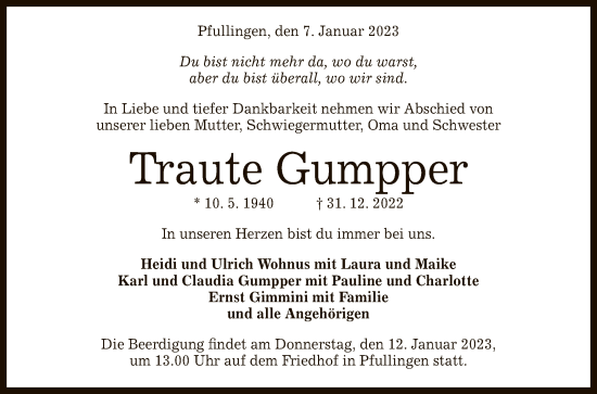 Anzeige von Traute Gumpper von Reutlinger General-Anzeiger