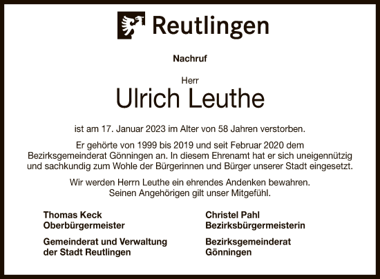 Anzeige von Ulrich Leuthe von Reutlinger General-Anzeiger