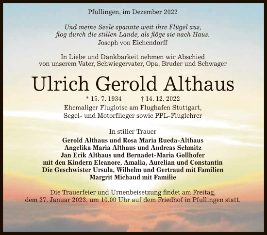 Anzeige von Ulrich Gerold Althaus von Reutlinger General-Anzeiger