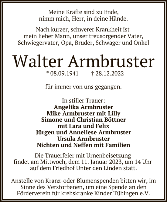 Anzeige von Walter Armbruster von Reutlinger General-Anzeiger