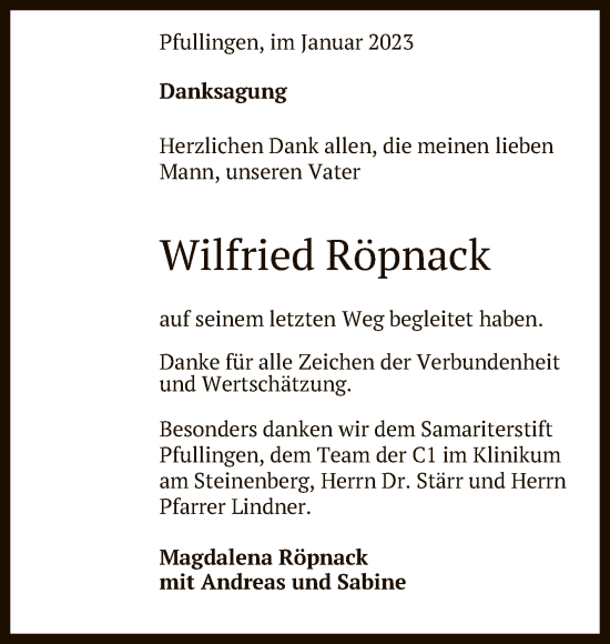 Anzeige von Wilfried Röpnack von Reutlinger General-Anzeiger