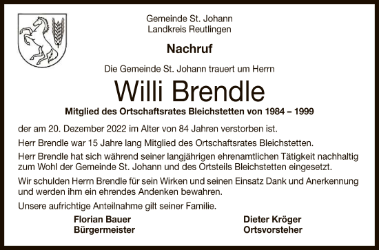 Anzeige von Willi Brendle von Reutlinger General-Anzeiger