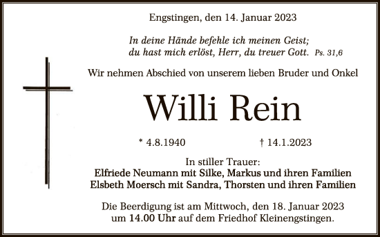 Anzeige von Willi Rein von Reutlinger General-Anzeiger