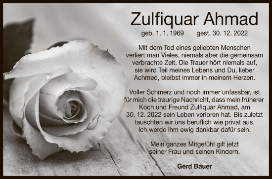 Anzeige von Zulfiquar Ahmad von Reutlinger General-Anzeiger