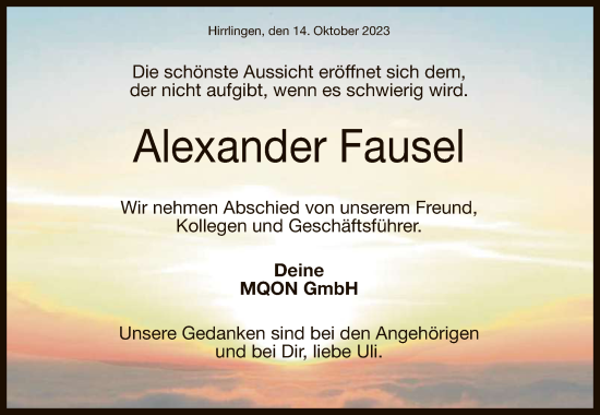 Anzeige von Alexander Fausel von Reutlinger General-Anzeiger