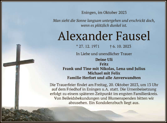 Anzeige von Alexander Fausel von Reutlinger General-Anzeiger
