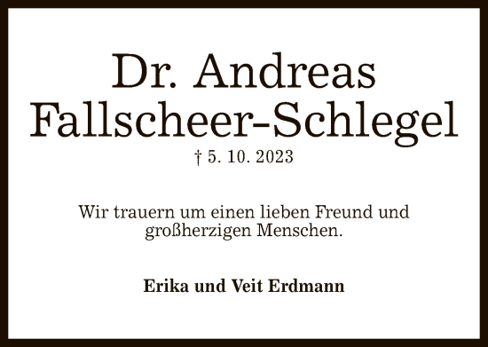 Anzeige von Andreas Fallscheer-Schlegel von Reutlinger General-Anzeiger
