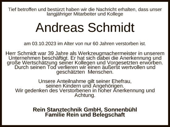 Anzeige von Andreas Schmidt von Reutlinger General-Anzeiger